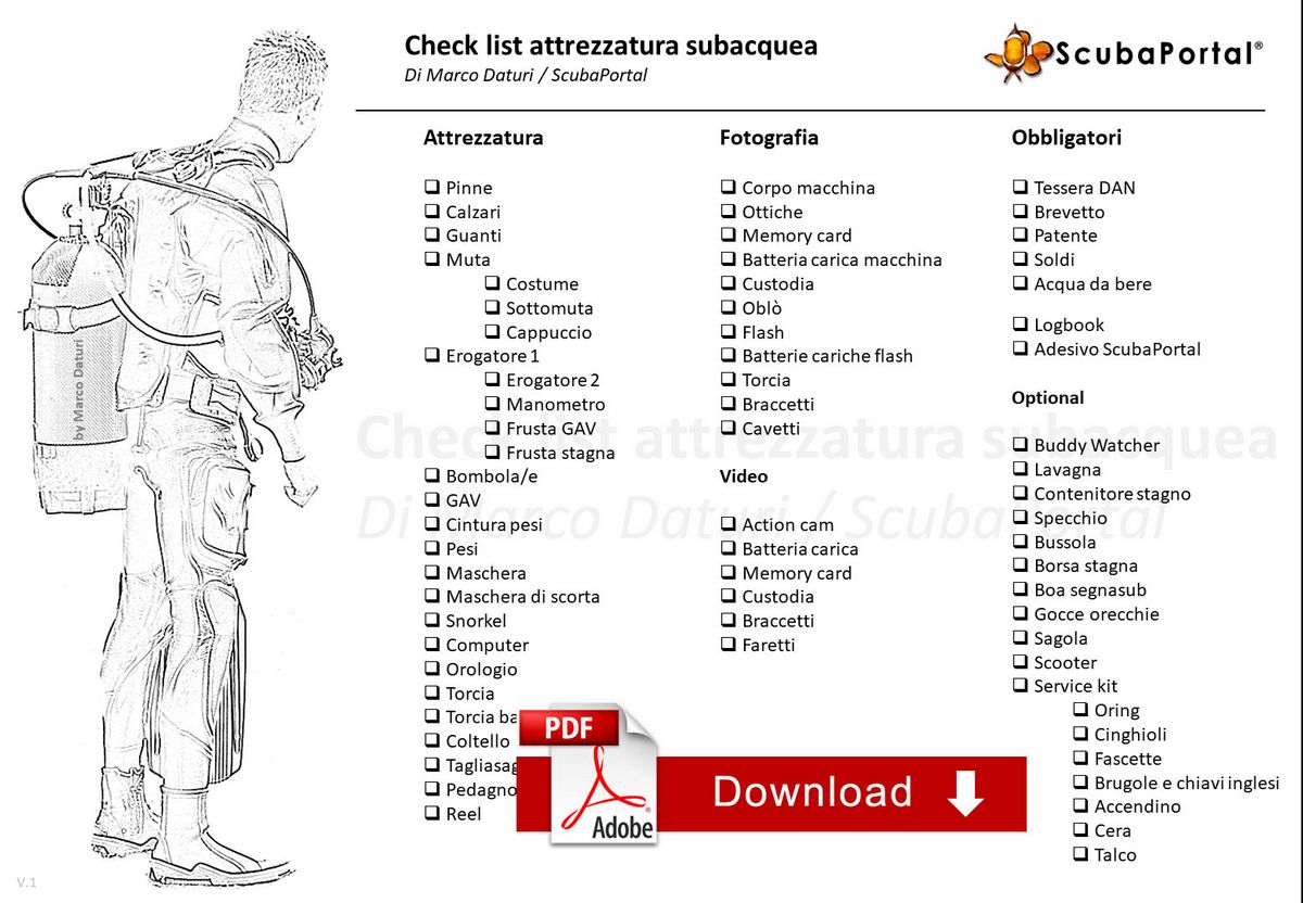 checklist attrezzatura subacquea