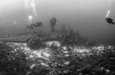 Dettaglio a colori del motore radiale di un B-24 Liberator ricoperto di spugne e piccoli pesci sul fondale