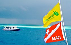 Bandiere Albatros Top Boat e DAN sventolano in navigazione alle Maldive, con dhoni sullo sfondo e reef degli atolli centrali crociera natale maldive subacquea