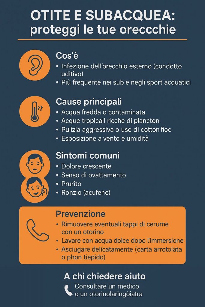 Infografica in italiano su otite e subacquea con spiegazione di cos’è, cause principali, sintomi comuni e consigli di prevenzione per subacquei