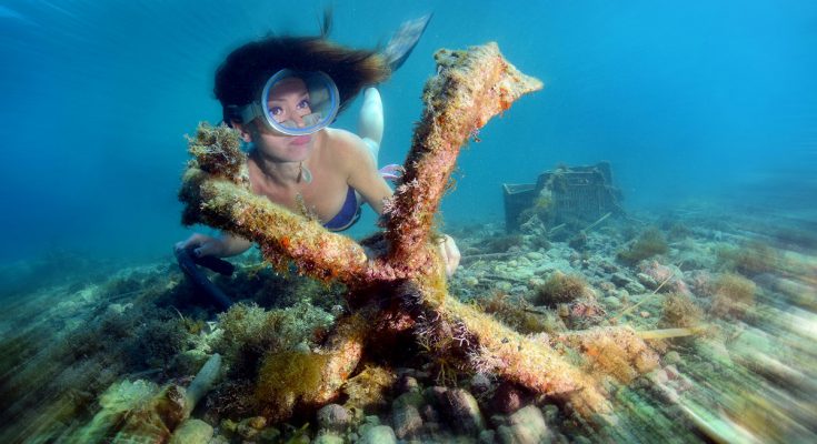 Donna in snorkeling osserva un’ancora ricoperta di organismi marini sul fondale costiero