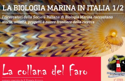 Copertina del numero speciale La collana del Faro dedicato alla biologia marina in Italia, con immagine macro di un verme piumato e logo del faro.