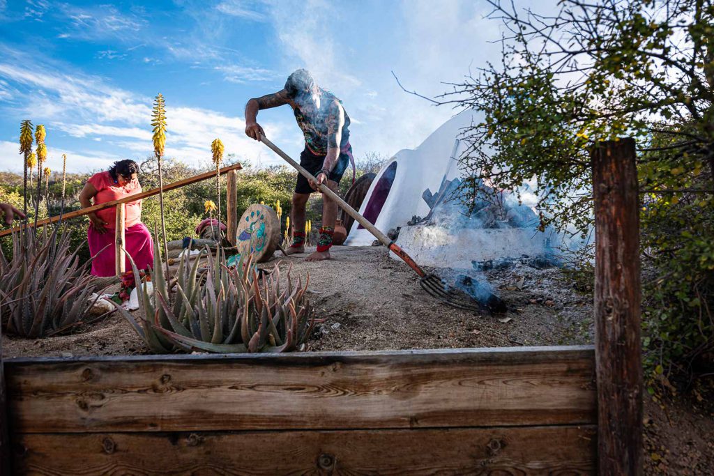 Gruppo di persone sedute in cerchio a gambe incrociate in meditazione o sessione di yoga sulla spiaggia, circondate dalla vegetazione. La scena si svolge all'aperto a Socorro, Messico.