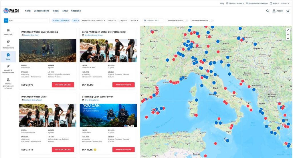 dove fare corsi subacquei padi mappa punti