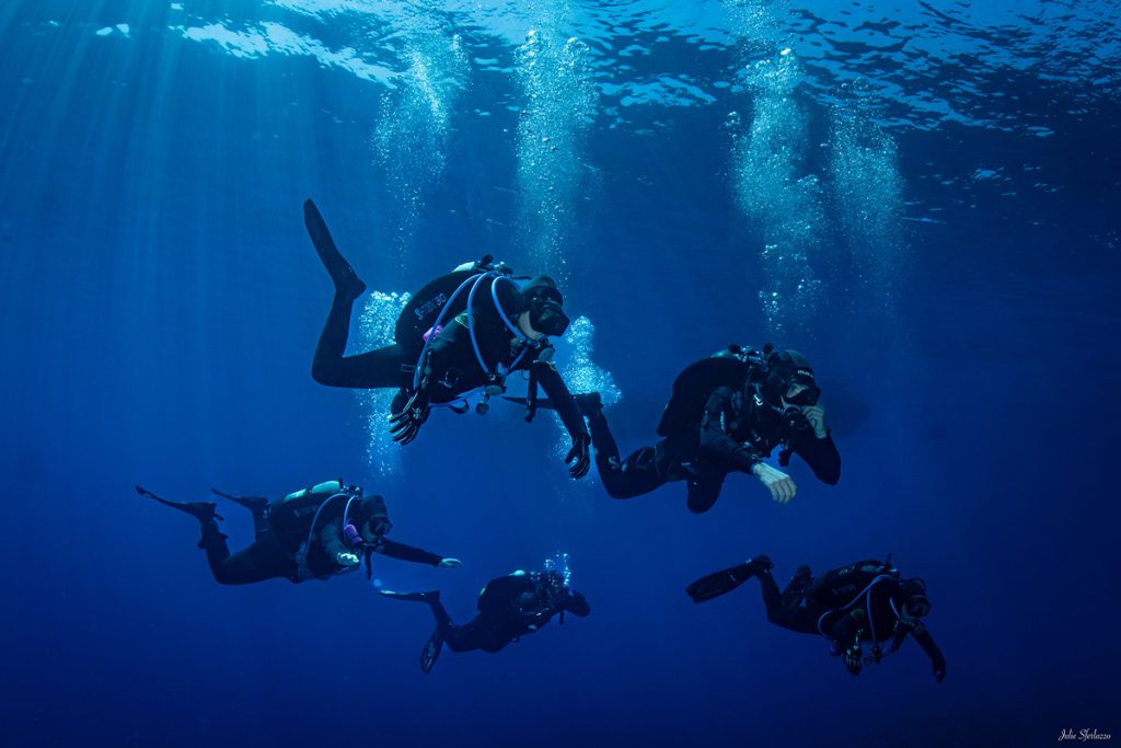 Gruppo di subacquei mentre effettua la discesa in acque blu, con bombole e mute per l’immersione subacquea.