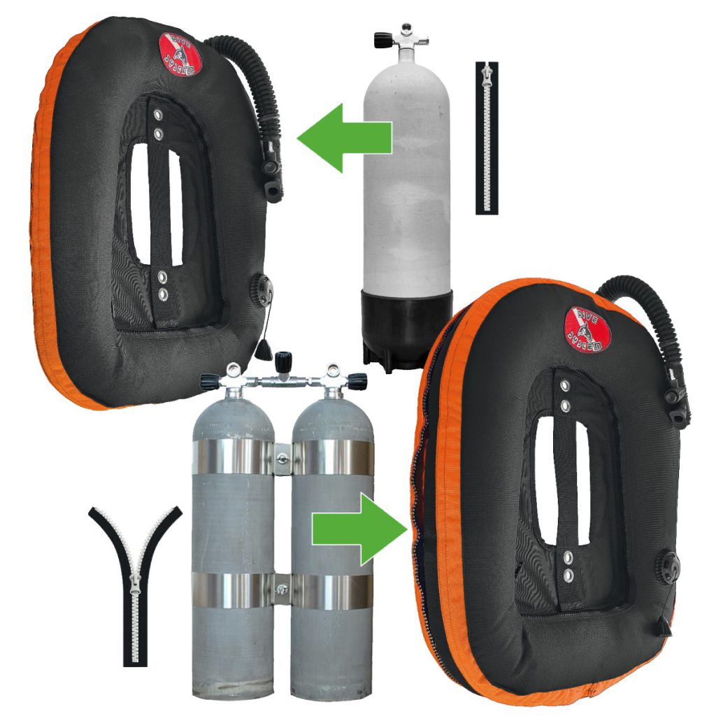 GAV Quickly MoBi DiveSystem con configurazione per monobombola e bibombola mostrata con immagini reali