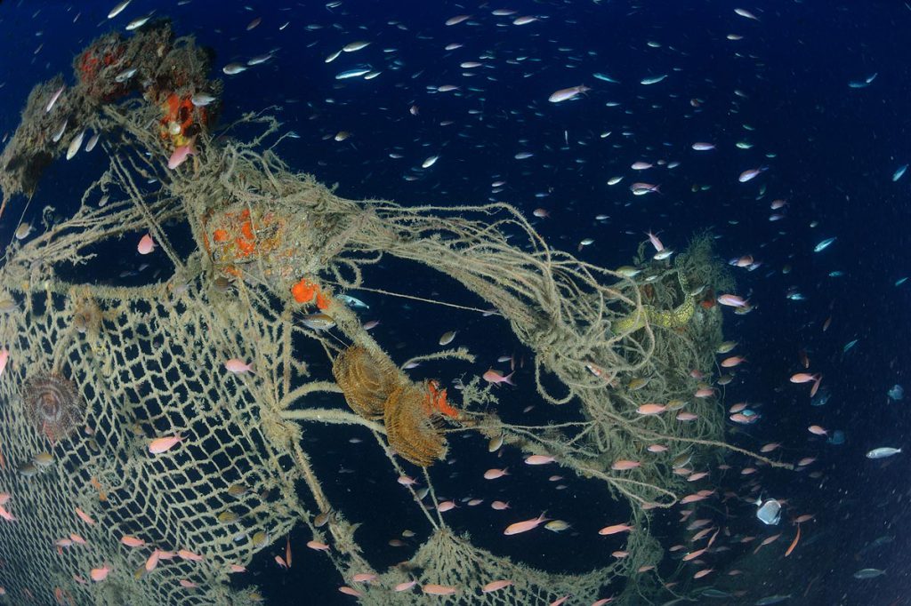 Rete fantasma avvolta sul cannone del sommergibile Sebastiano Veniero, con pesci e organismi marini.