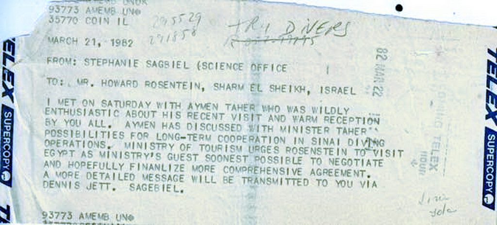Lettera del 1982 inviata dall’Ambasciata USA al Cairo a Howard Rosenstein, che documenta i primi contatti di cooperazione tra Israele ed Egitto per il turismo subacqueo nel Mar Rosso.